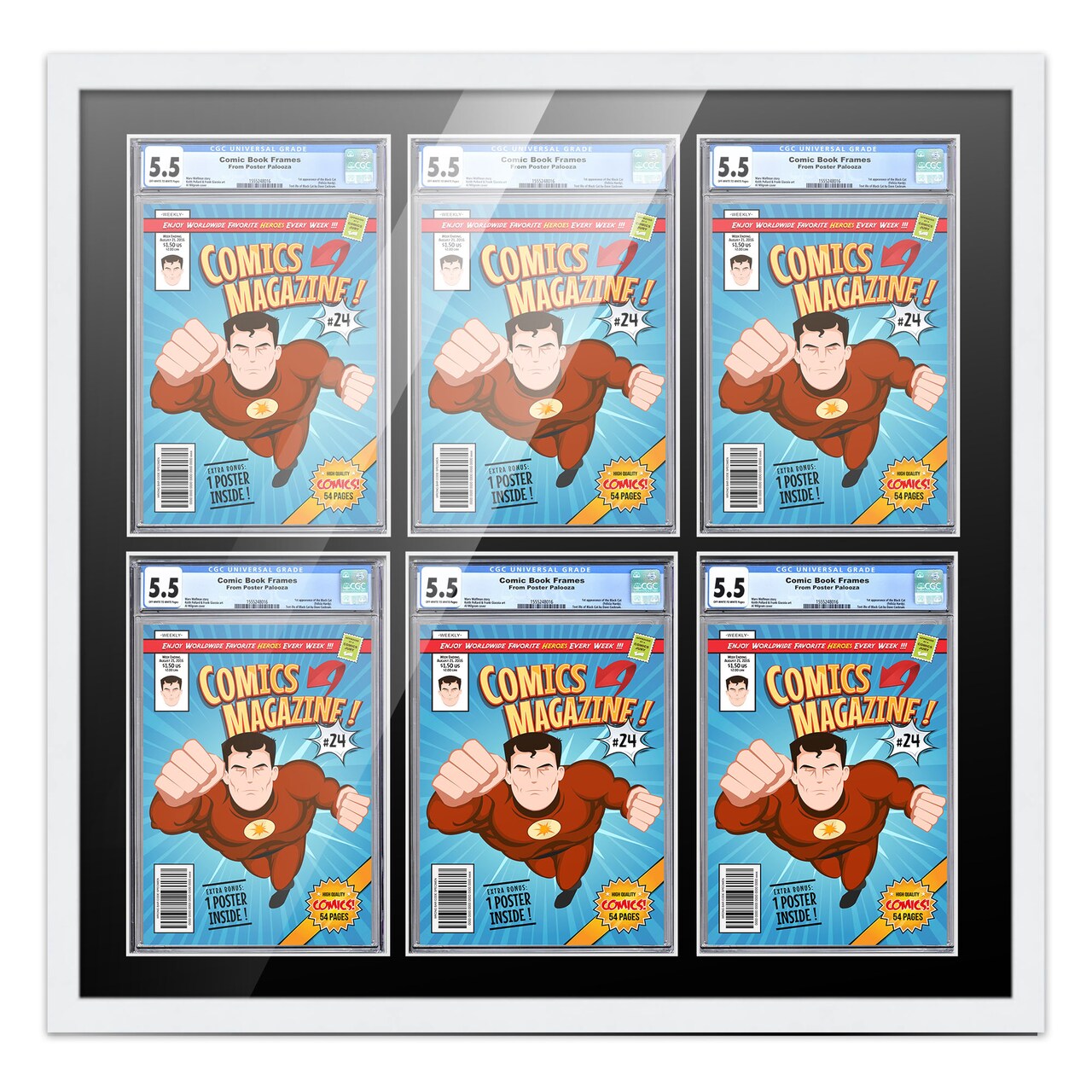 Comic Book Display Frame for Graded Comics - White Wood Comic Frame With White Mat for 8.125x13 Comics, 18 Frame Sizes